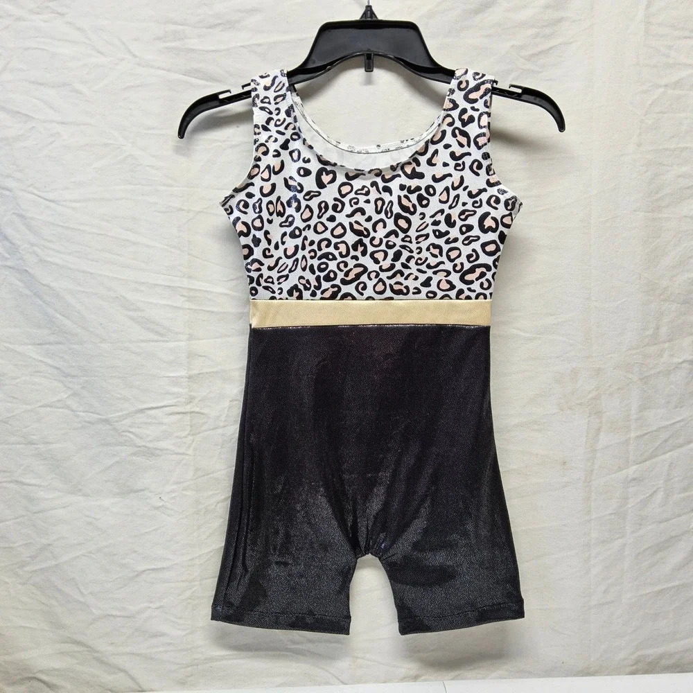Girls Leopard Print Shimmer Gymnastics Leotard Biketard 2XL XXL Dance Tumbling